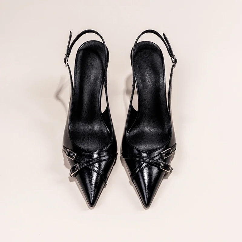 Fashionable Pointed Toe Shallow Mouth New High-heeled Shoes Summer Elegant Buckle Decorated Stiletto Black Women's Shoes NO:602