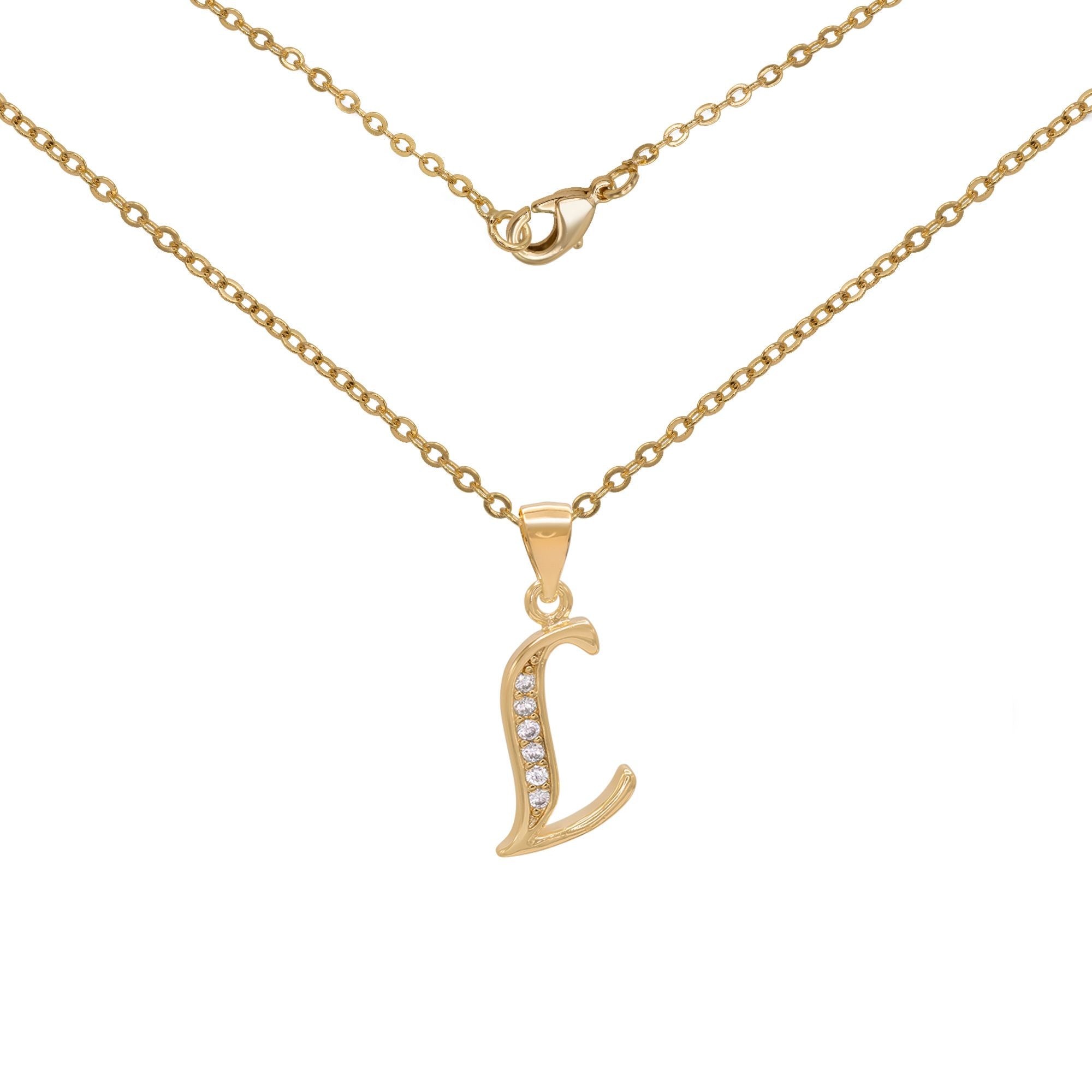Initial Letter Pendant With Cubic Zirconia 18K Gold Filled Alphabet CZ Charm Rolo Chain Set 18" Necklace Women Girl Teen
