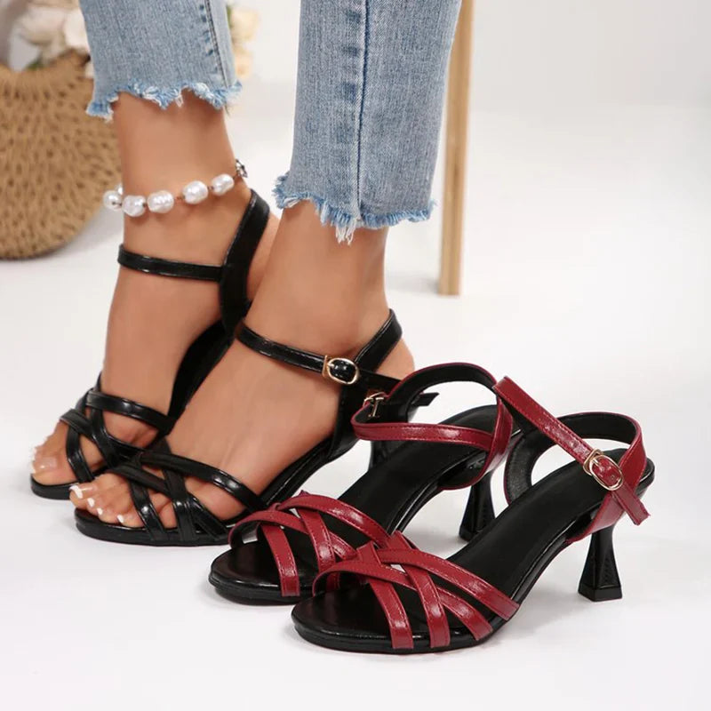 Sexy Cross Strap High Heel Red Sandals Women Summer 2026 Kitten Heel Latin Sandals Plus Size 45 Vintage Burgundy Shoes for Woman
