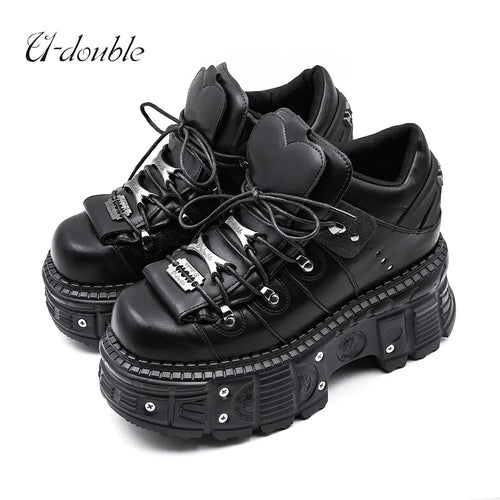 2026 New Punk Style Women Shoes Lace-up Heel Height 6CM Platform Shoes Woman Gothic Ankle Rock Boots Metal Decor Woman Sneakers