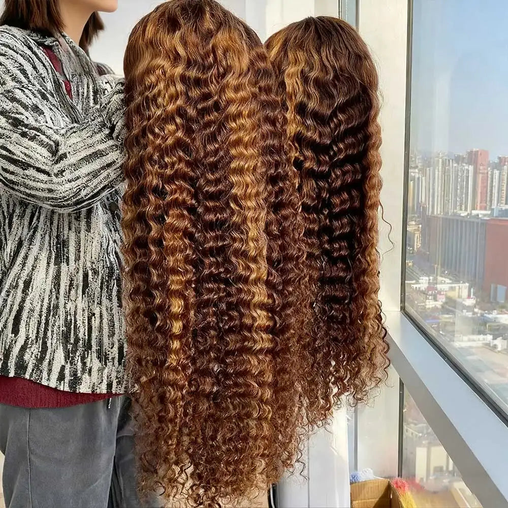 Highlight Curly Wig 13x4 Lace Front Wig Human Hair Wigs Glueless HD Deep Wave Lace Frontal Wig 4/27 Colored Wigs PrePlucked