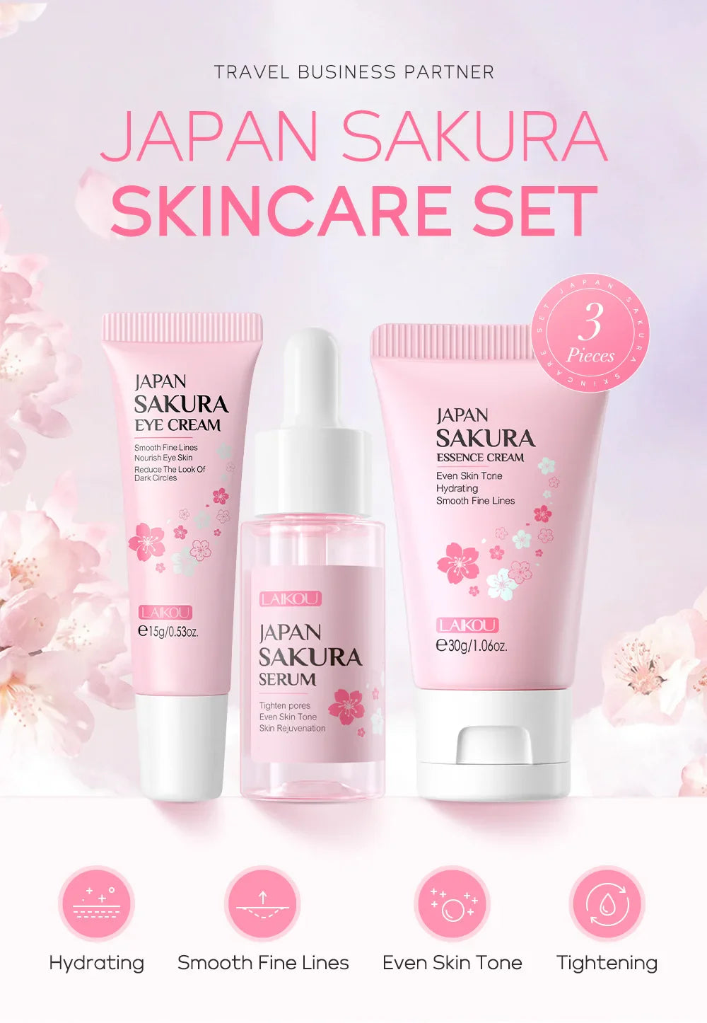 3pcs/set LAIKOU Vitamin C 24K Golden Sakura Skin Care Sets Face Cream Serum Eye Cream Moisturizing Anti Wrinkles Face Care Kit