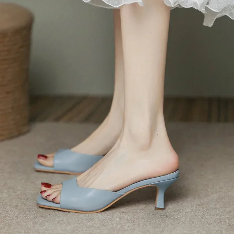 Size 34-43 Women Heeled Mules Sandals Soft Genuine Leather 6cm Heels Summer Shoes For Women Slippers Vintage Square Toe Mule