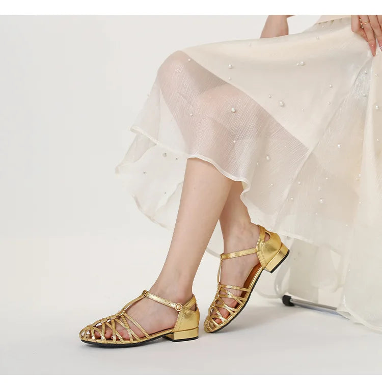 Plus Size Women Roman Sandals Woven Chunky Heel Closed Toe Ankle Strap Hollow Vintage Fashion Dress Beach Gladiator Sandalias