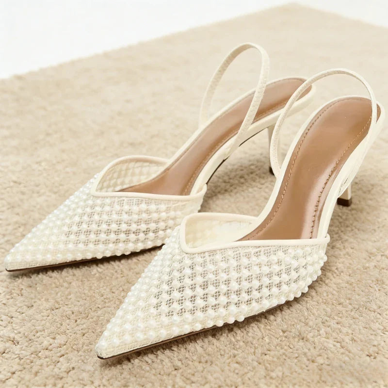Mesh String Bead Brand Sandals Women Pumps Pointed Toe Elegant Slingback High Heels Female Designer Banquet Wedding Dress Shoes