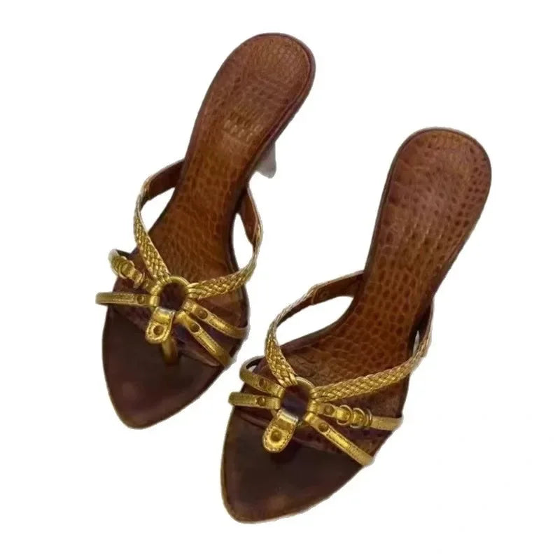 Women's Open-Toe Woven Cross Band Sandals Summer 2026 New Outdoor Wear Middle-aged Vintage Thin Heel Pointed Toe High Heels