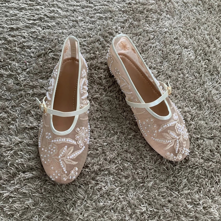 Mesh Embroidery String Bead Design Women Ballet Flats Fashion Buckle Breathable Mary Jane Shoe Comfort Low Heel Soft Flat Sandal