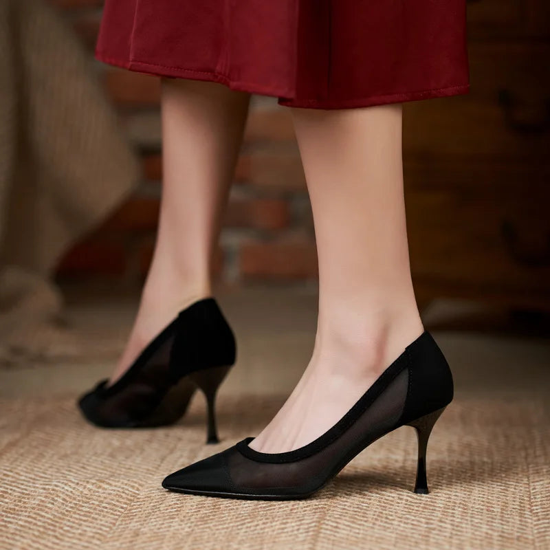 maogu Black Women Pointed Toe High Heel Work Shoes Dot Mesh Vintage Elegant Shallow Stiletto 2023 Spring Summer Thin Heels Pumps