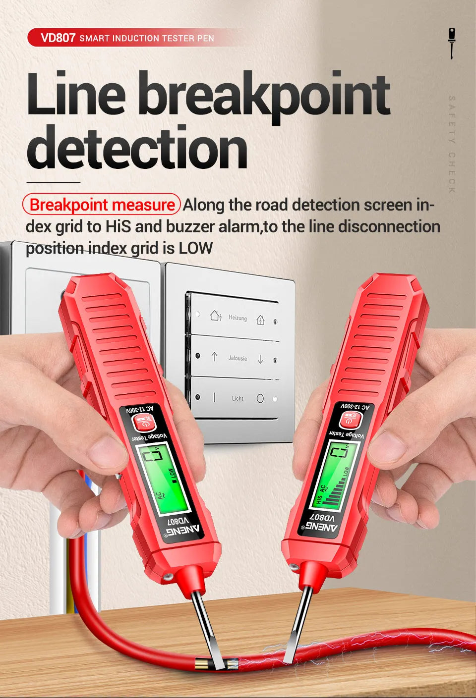 ANENG VD807 One-word Induction Portable 50/60Hz Smart Electric Pen Tester NCV Sensor AC 12-300V Non-contact Wire Detector Tools