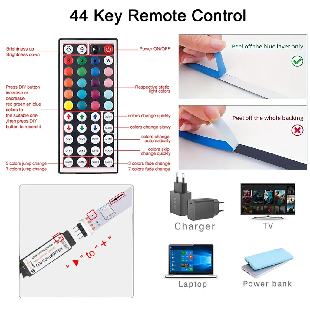 Led Strip Lights with 44 Key Remote Control 1m 5m 10m 20m RGB Tape Led Wall Room for Home Bedroom Party Decor TV Backlight