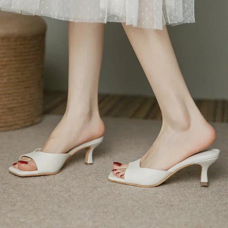 Size 34-43 Women Heeled Mules Sandals Soft Genuine Leather 6cm Heels Summer Shoes For Women Slippers Vintage Square Toe Mule