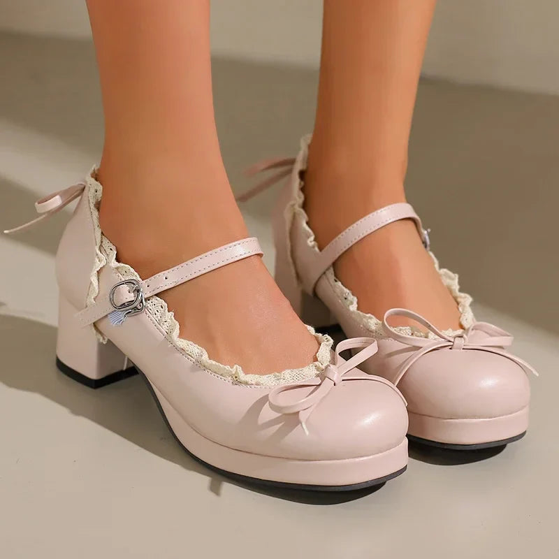 Women's Lolita Cosplay Mary Jane Pumps, Strap Platform Block Heel, Lace & Bow, Kawaii Vintage Dress Shoes Plus Size 31-50