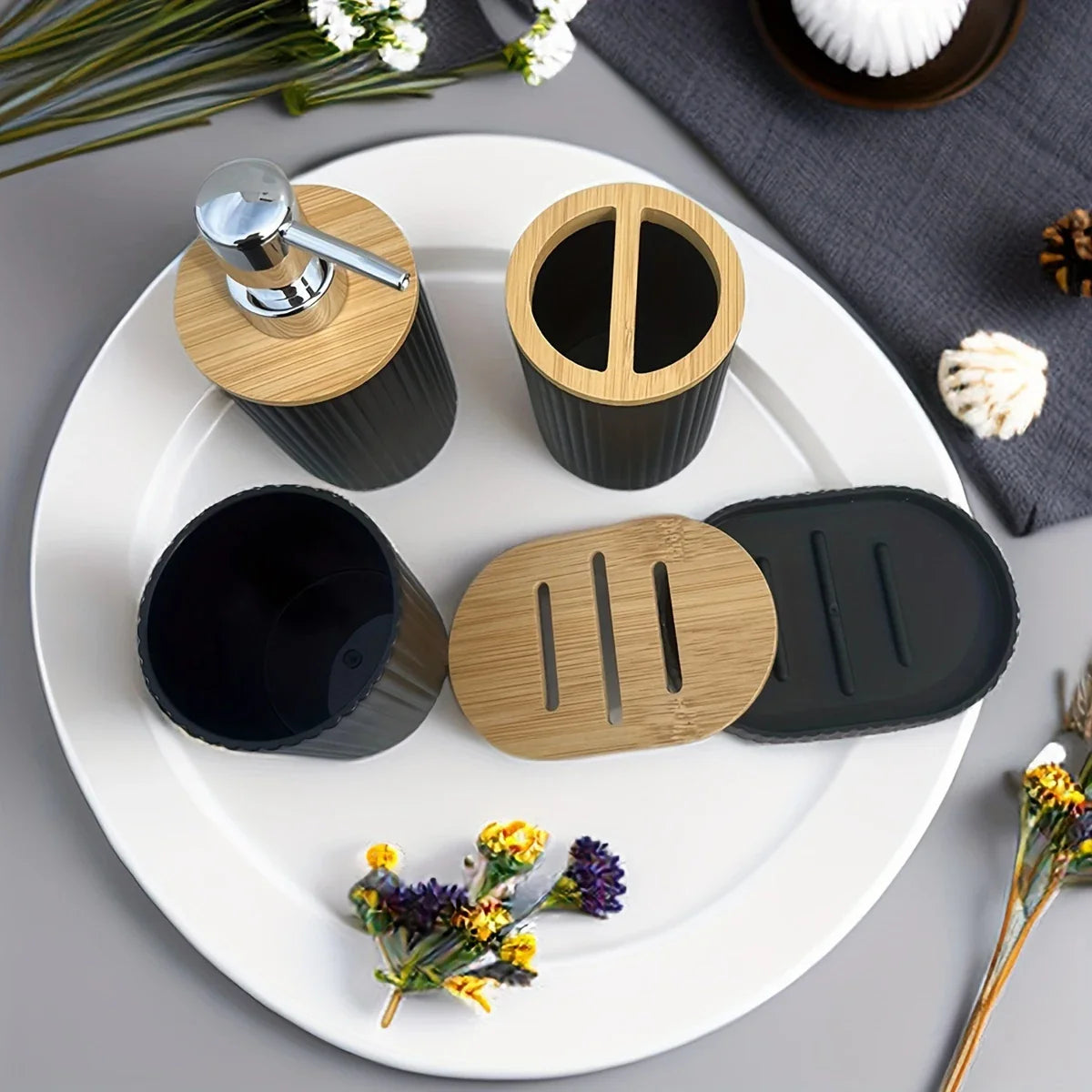 Bathroom Accessories Set Vanity Counter Soap Dispenser Toothbrush Cotton Swab Holder and Tray Set Bathroom Decor Apothecary Jars