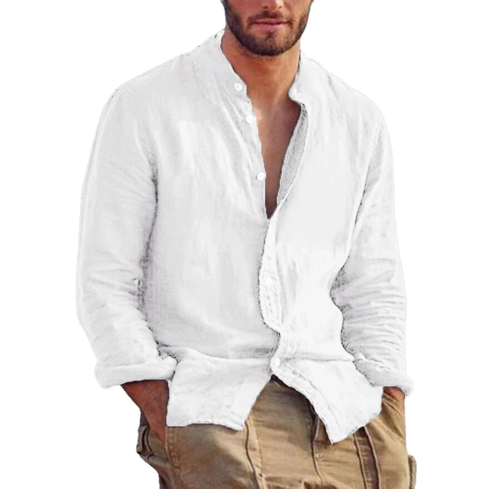 Sweatwear Men's Long Sleeve Shirt Linen Solid Color Shirts Trend Stand Collar Casual Lightweight Breathable Tops Hawaiian Shirt