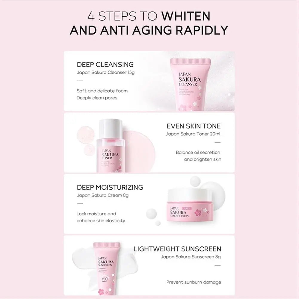 Sakura Skin Care Set facial Cleanser,Serum,Toner,Sunscreen,facial cream Beauty skin care For Women Gifts Routine Travel Kit