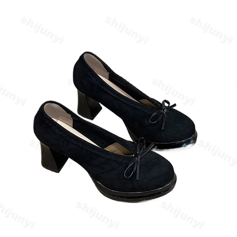 Women's High Heels 2025 Spring Autumn New Vintage Fashion Bow Knot Party Chunky Heels Outdoor Non Slip Luxury Mary Jane Shoes