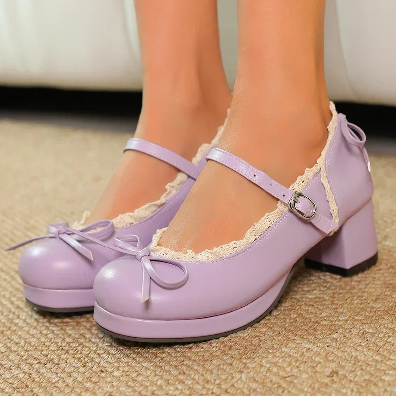 Women's Lolita Cosplay Mary Jane Pumps, Strap Platform Block Heel, Lace & Bow, Kawaii Vintage Dress Shoes Plus Size 31-50