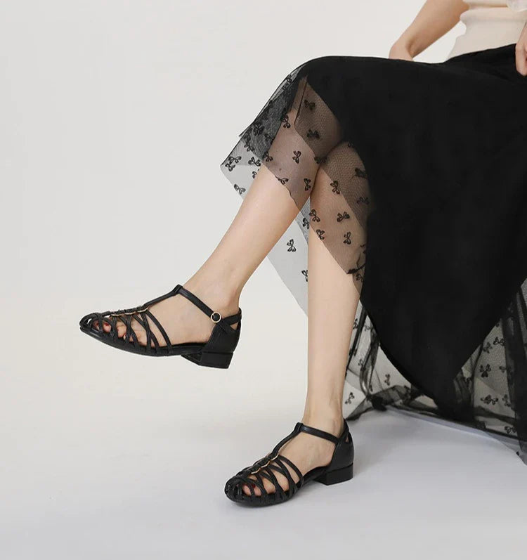 Plus Size Women Roman Sandals Woven Chunky Heel Closed Toe Ankle Strap Hollow Vintage Fashion Dress Beach Gladiator Sandalias