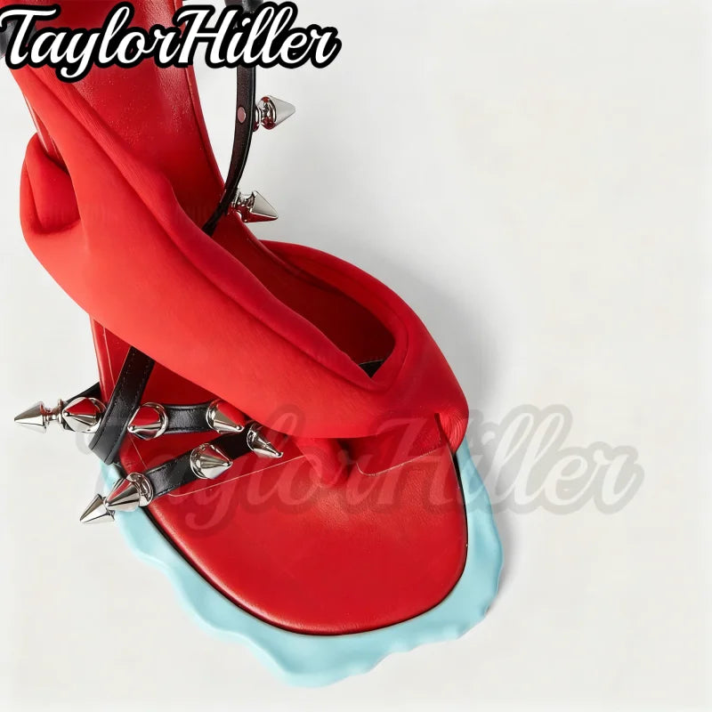Punk Style Rivets Flower Heeled Sandals Open Toe Mixed Color High Heels Women Luxury Designer Summer Spike Heel Shoes Y2K Shoe