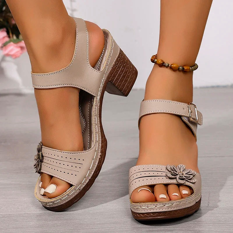 Vintage Flower Ankle Strap Sandals Women Summer 2026 Comfort Thick Heels Plus Size Sandals Elegant High Heeled Mother's Shoes