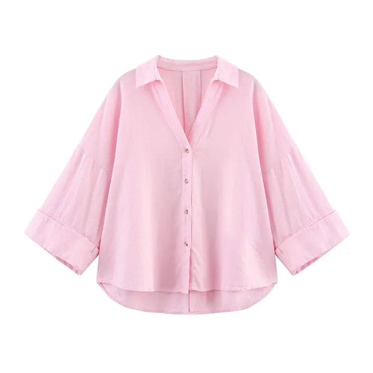 HipSeam Wide Sleeved Shirt Women Spring Asymmetric Hem Button Women's Shirts Simple Lady Johnny Collar Linen Shirts & Blouses