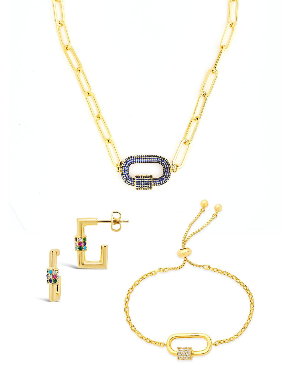 Pave CZ Carabiner Linked Lock Necklace Bundle