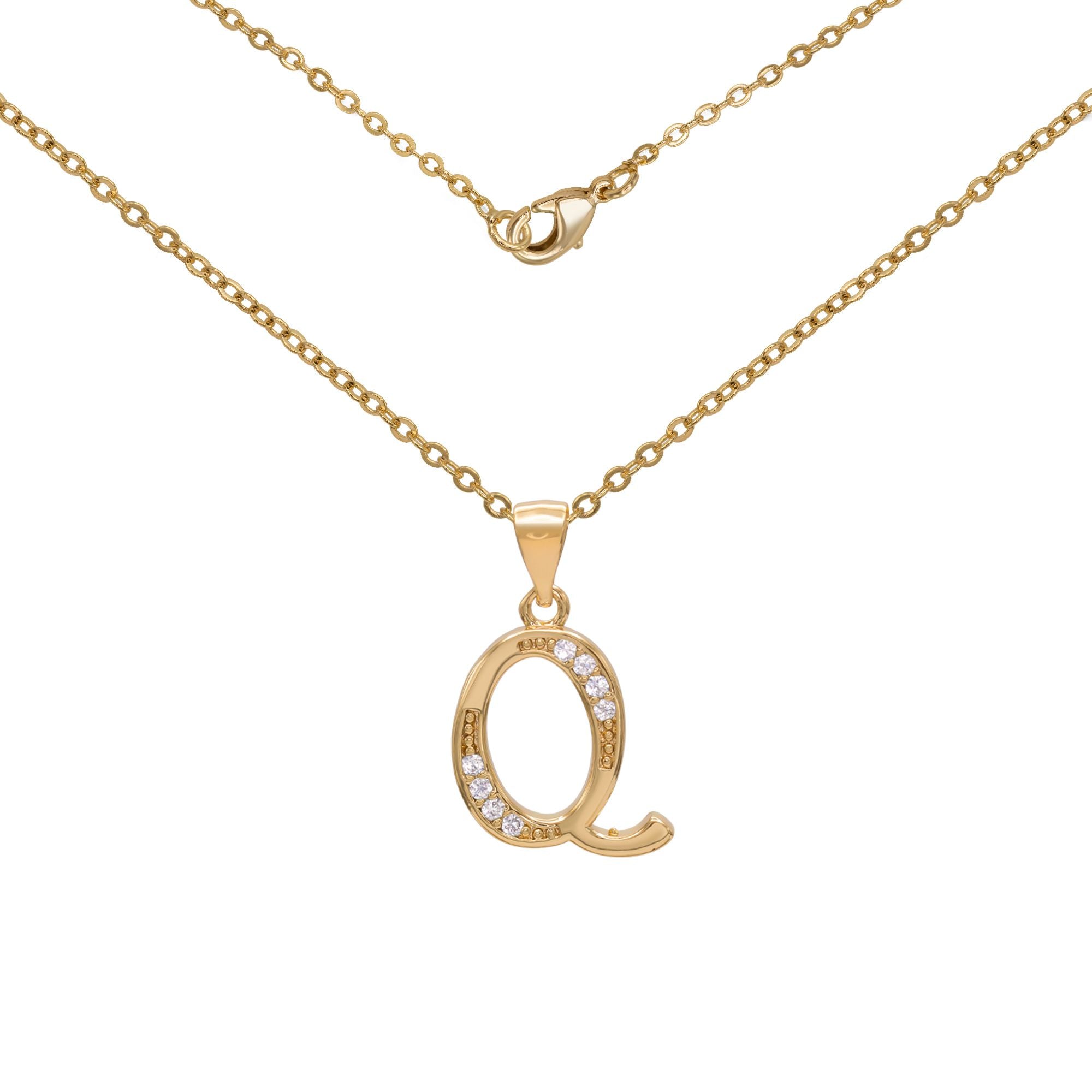 Initial Letter Pendant With Cubic Zirconia 18K Gold Filled Alphabet CZ Charm Rolo Chain Set 18" Necklace Women Girl Teen