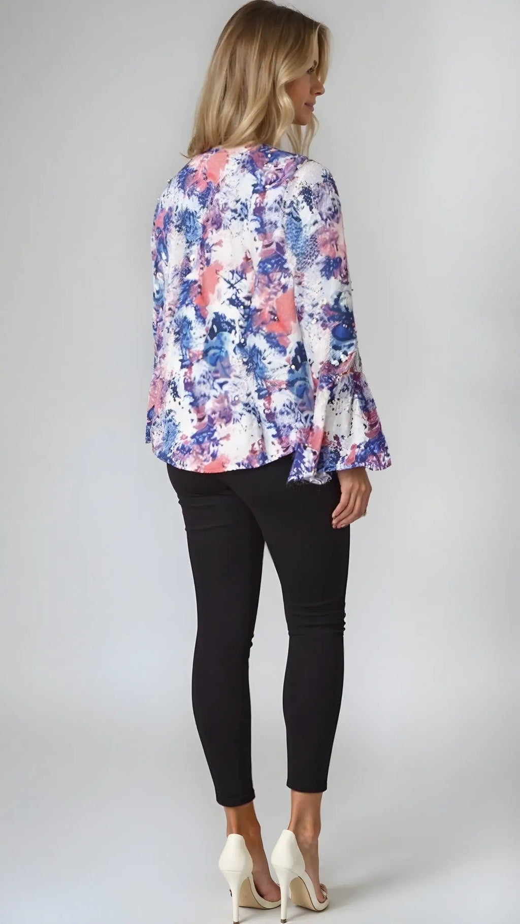 Tahari ASL Bell-Sleeve Georgette Blouse, XL Ivory Slate Coral