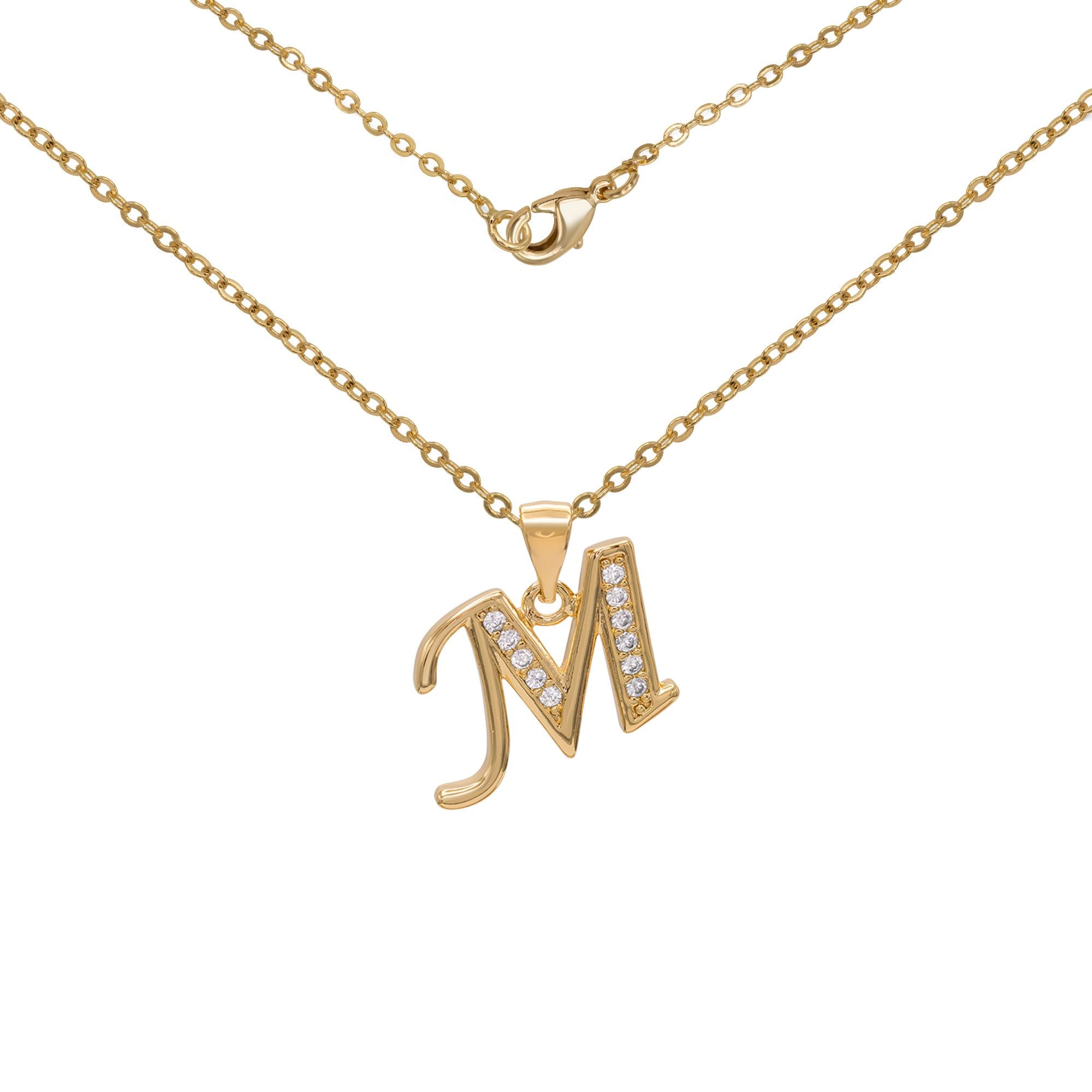 Initial Letter Pendant With Cubic Zirconia 18K Gold Filled Alphabet CZ Charm Rolo Chain Set 18" Necklace Women Girl Teen