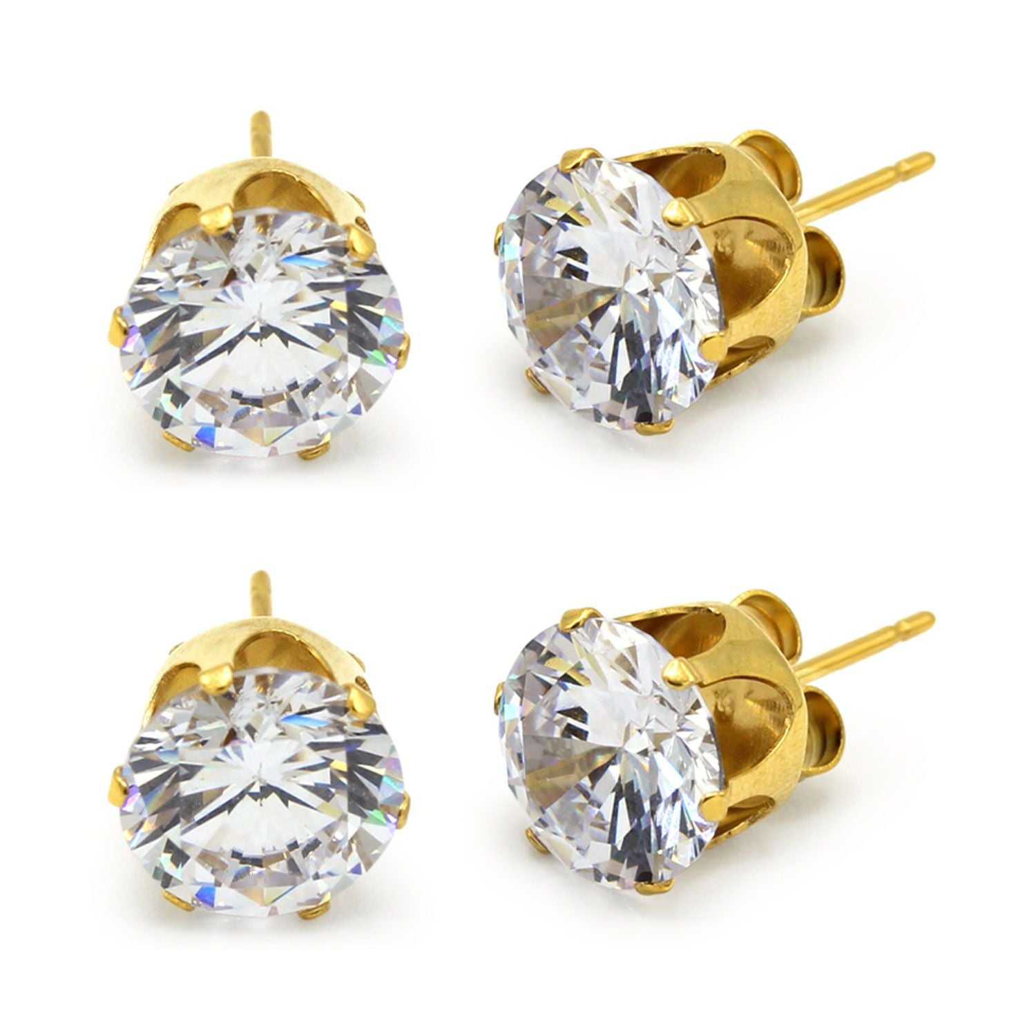 Cubic Zirconia Round 14K Gold Plated Stud Earrings Set Of 2 Stainless Steel Jewelry Men Women