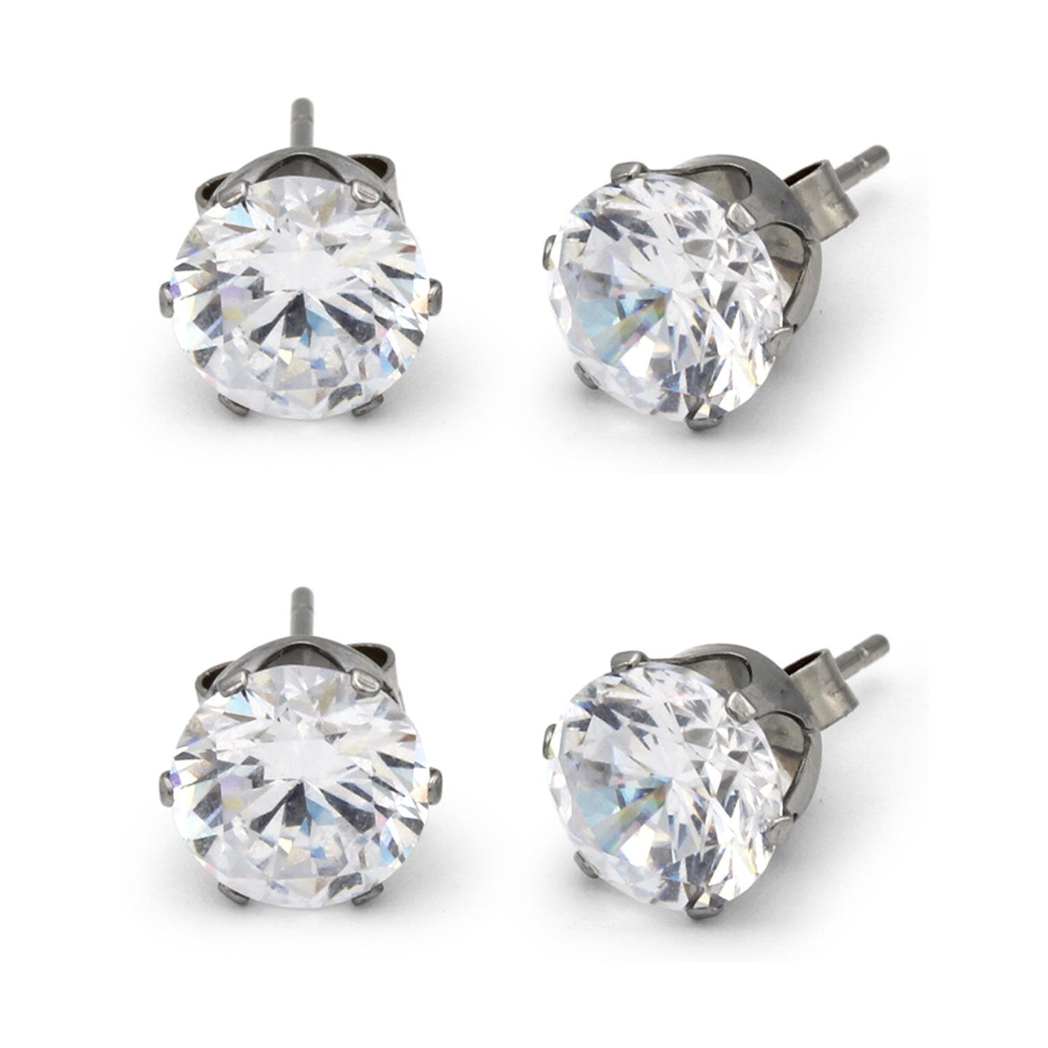 Cubic Zirconia Round Silver Stud Earrings Set Of 2 Stainless Steel Jewelry Men Women