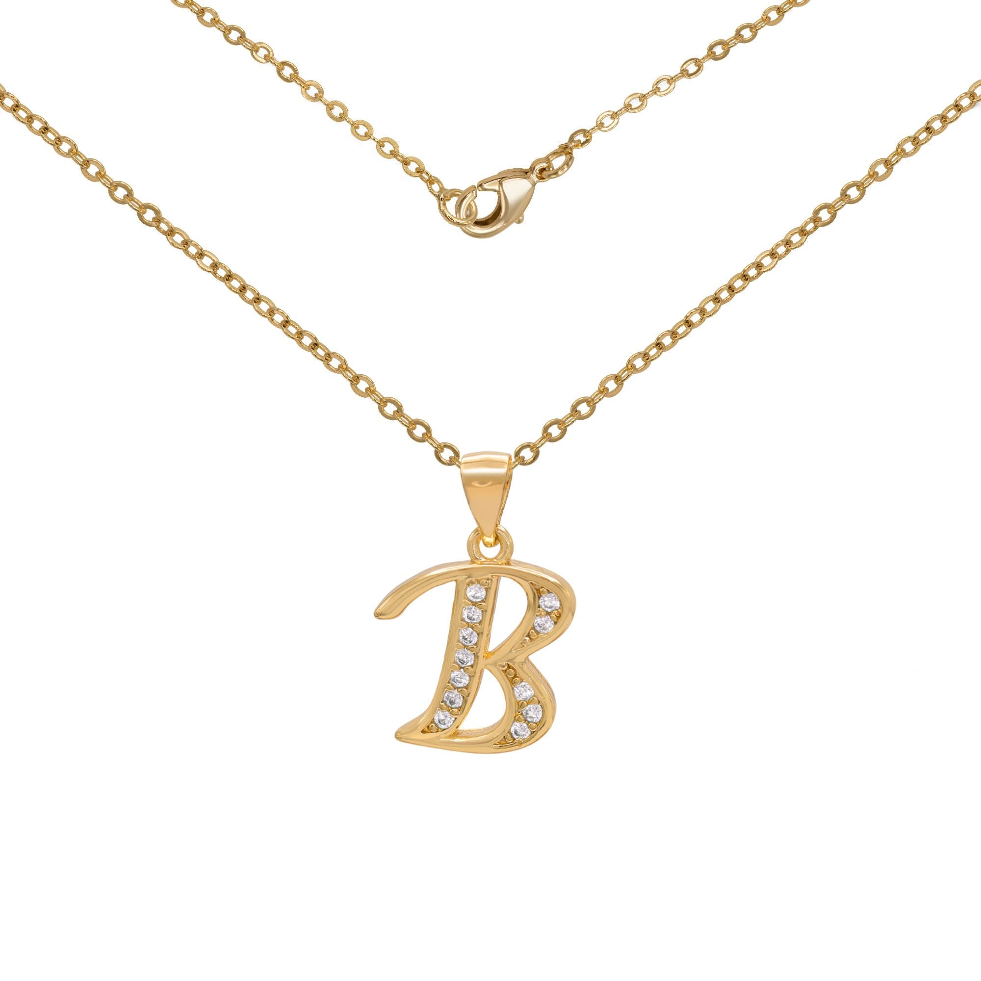 Initial Letter Pendant With Cubic Zirconia 18K Gold Filled Alphabet CZ Charm Rolo Chain Set 18" Necklace Women Girl Teen