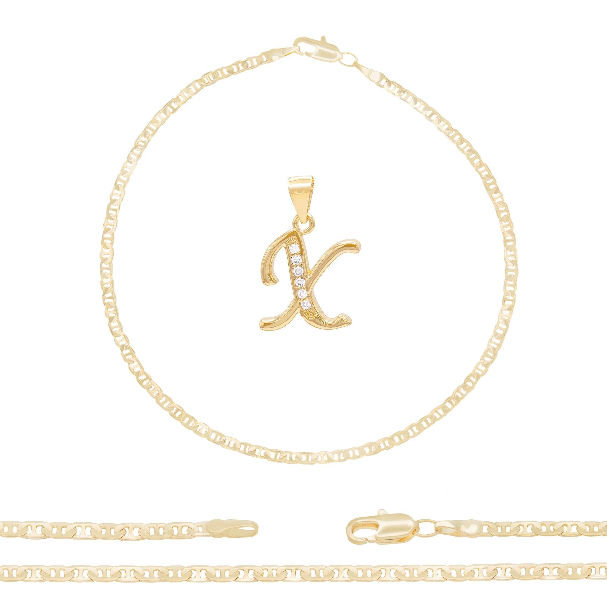A-Z Initial Letter Pendant 14K Gold Filled Cubic Zirconia Mariner Chain Anklet 10" Set 3 mm  Women Jewelry