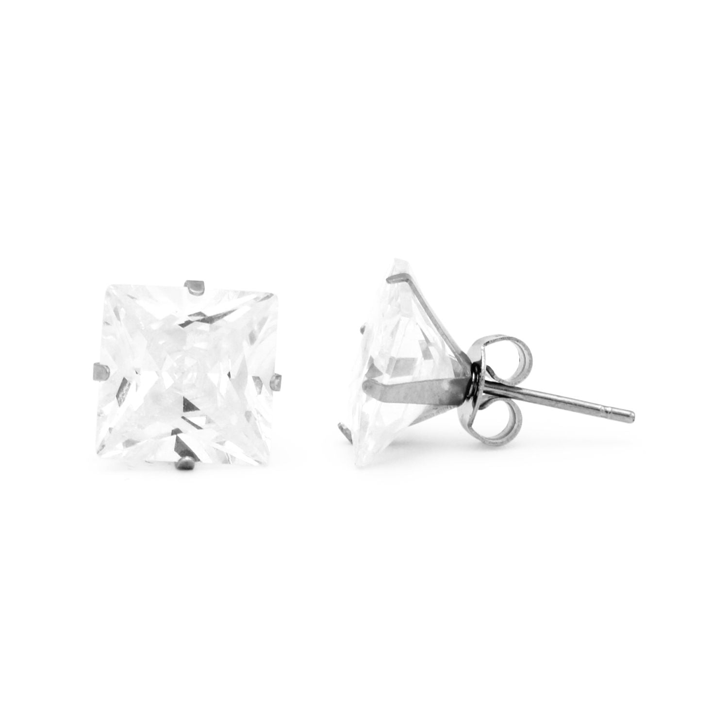 Cubic Zirconia Square Stud Earrings Stainless Steel Silver Jewelry Men Women