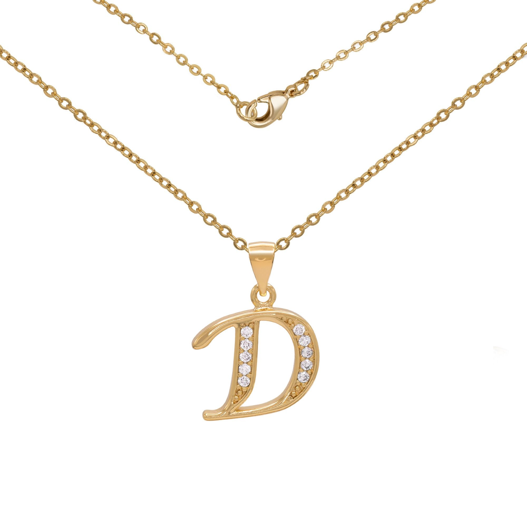 Initial Letter Pendant With Cubic Zirconia 18K Gold Filled Alphabet CZ Charm Rolo Chain Set 18" Necklace Women Girl Teen