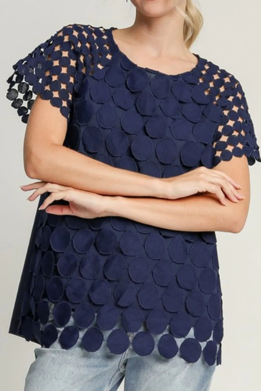 Umgee Full Size Mixed Polka Dot Lace Raglan Sleeve Boxy Cut Top Plus Size