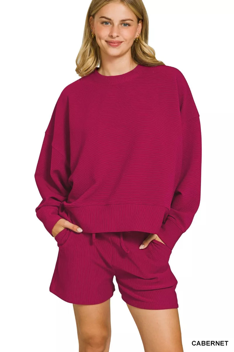 Zenana Ribbed Round Neck Pullover and Shorts Set