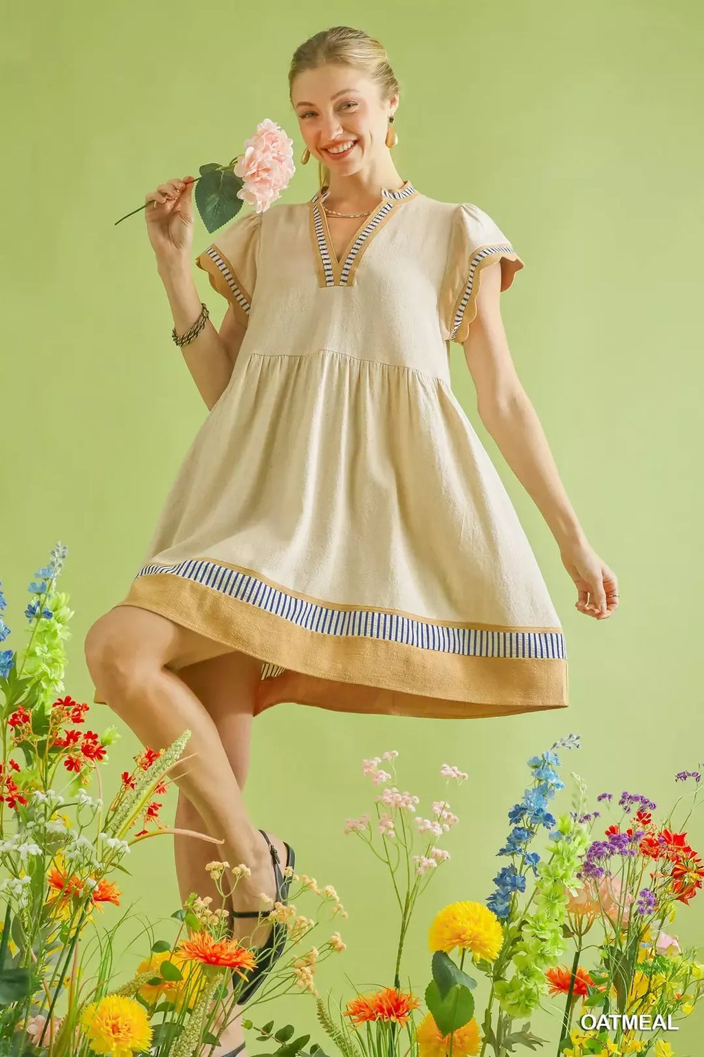 Umgee Linen Color Block Flutter Sleeve Dress