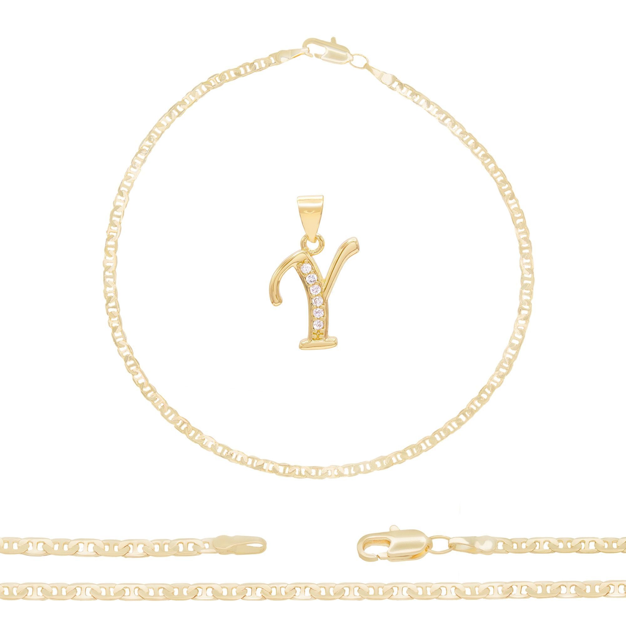 A-Z Initial Letter Pendant 14K Gold Filled Cubic Zirconia Mariner Chain Anklet 10" Set 3 mm  Women Jewelry