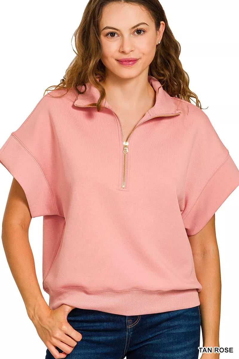 Zenana Full Size Scuba High Neck Half Zip Short Sleeve Top Plus Size