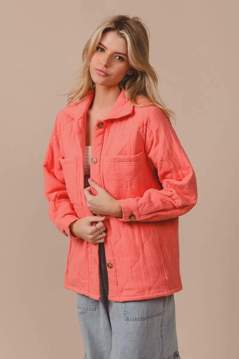 BiBi Quilted Wrinkle Gauze Long Sleeve Shacket