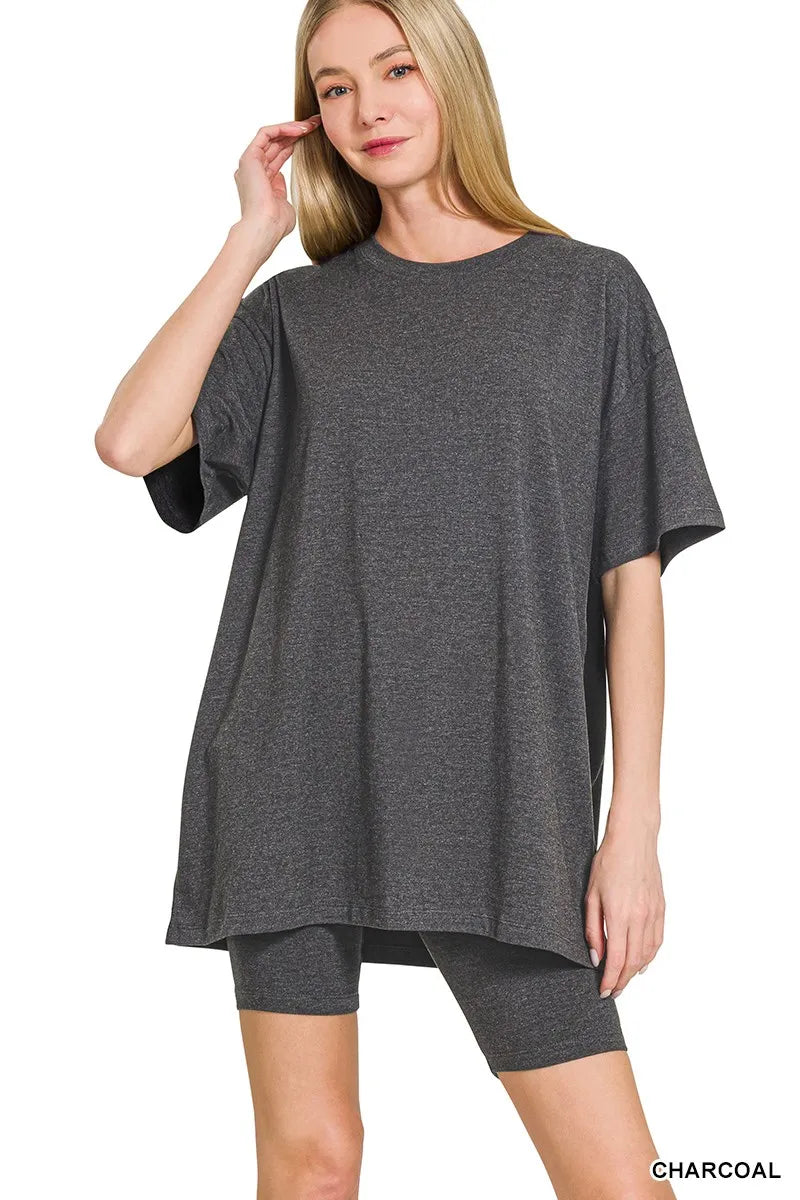 Zenana Cotton Round Neck Top & Biker Shorts