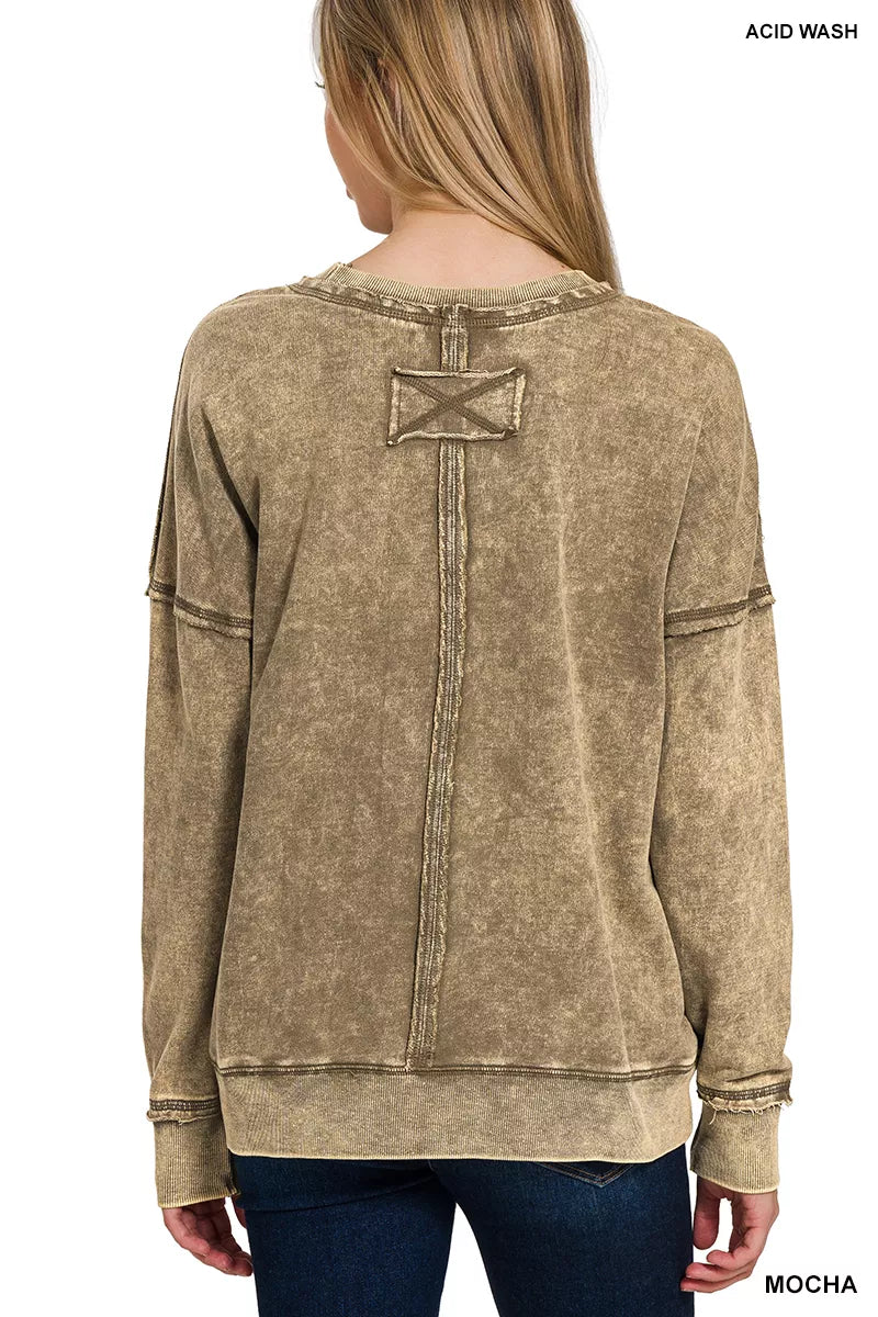 Zenana French Terry Washed Raw Edge Front Pocket Pullover