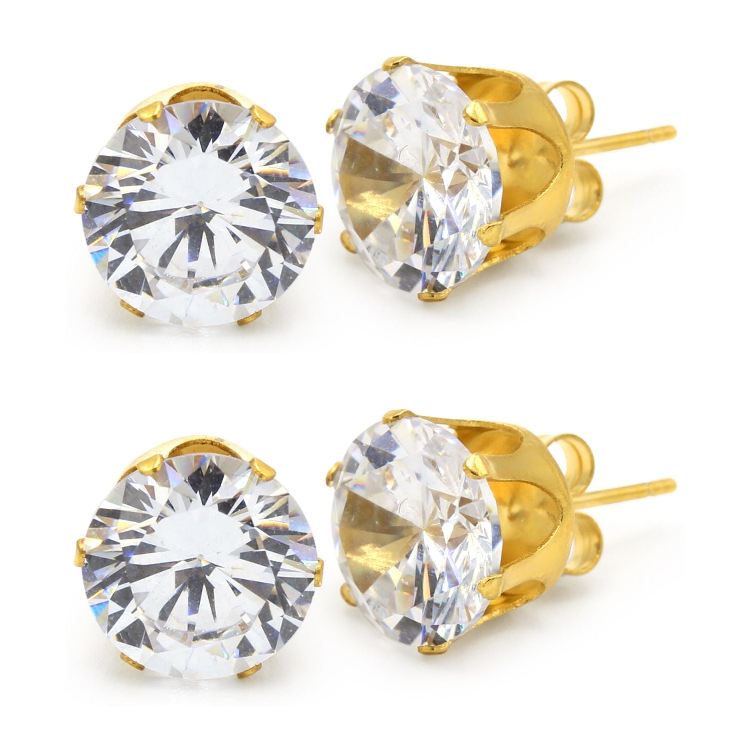 Cubic Zirconia Round 14K Gold Plated Stud Earrings Set Of 2 Stainless Steel Jewelry Men Women