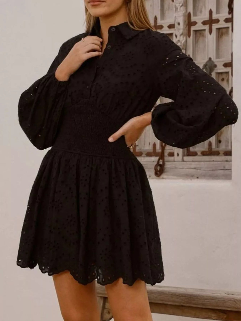 Eyelet Balloon Sleeve Mini Dress