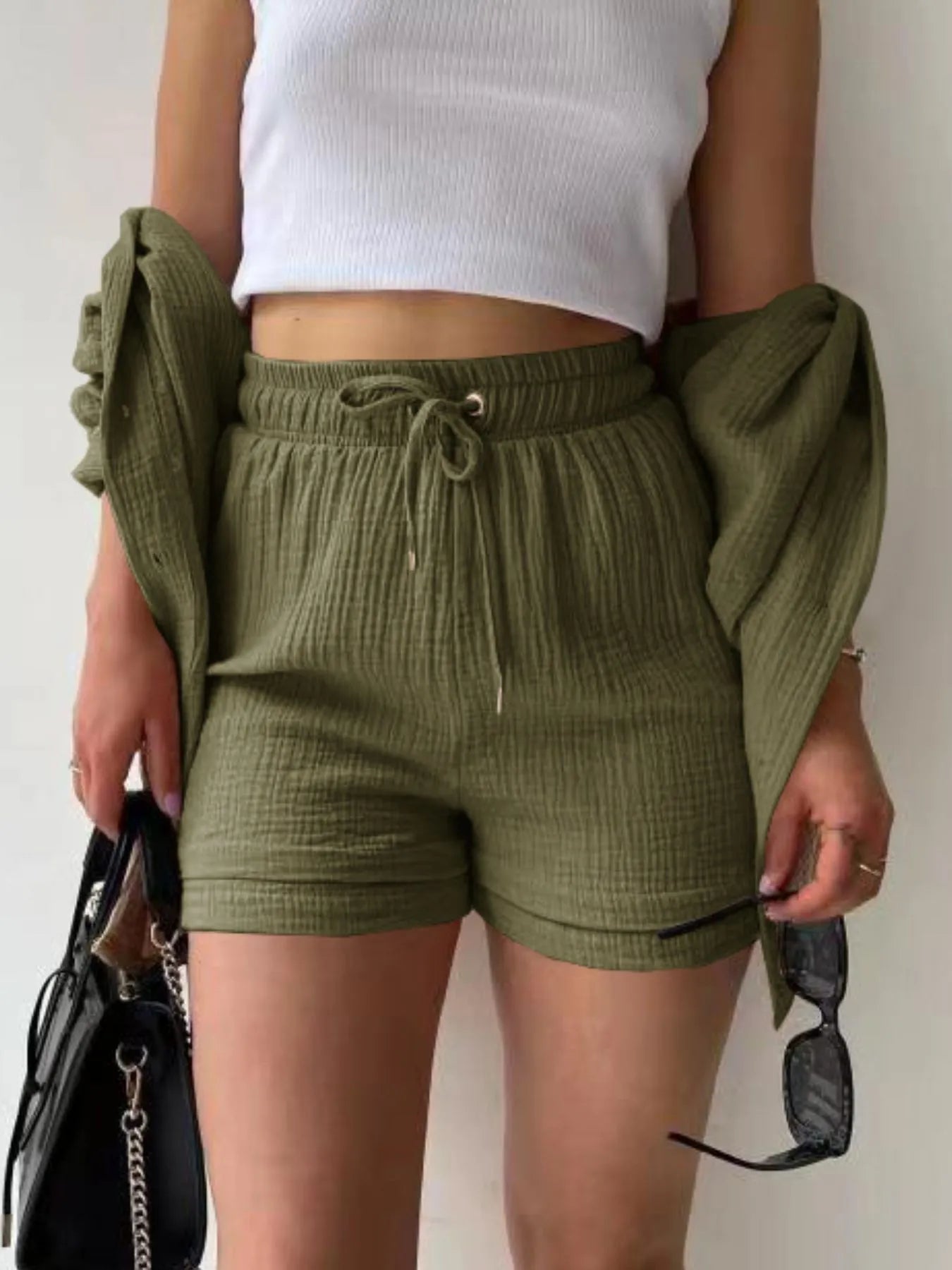 Textured Button Up Shirt and Shorts Set