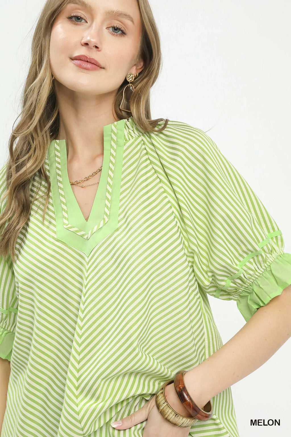 Umgee Stripe Ruffle Sleeve Split-Neck Blouse