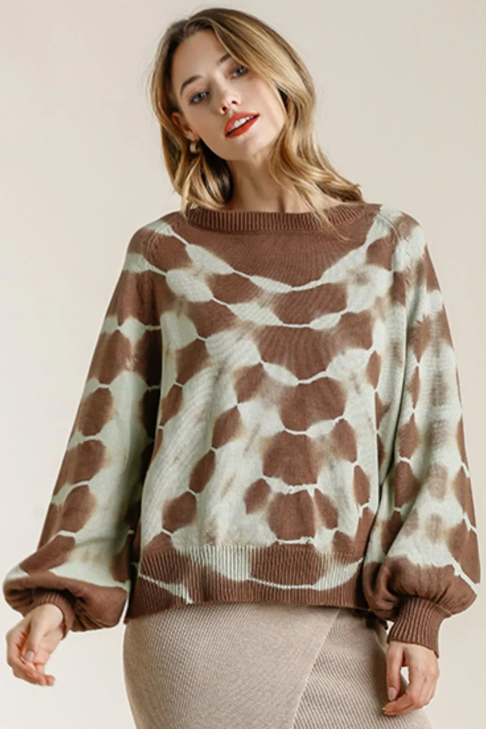 Umgee Full Size Ribbed Hem Tie Dye Round Neck Sweater Plus Size