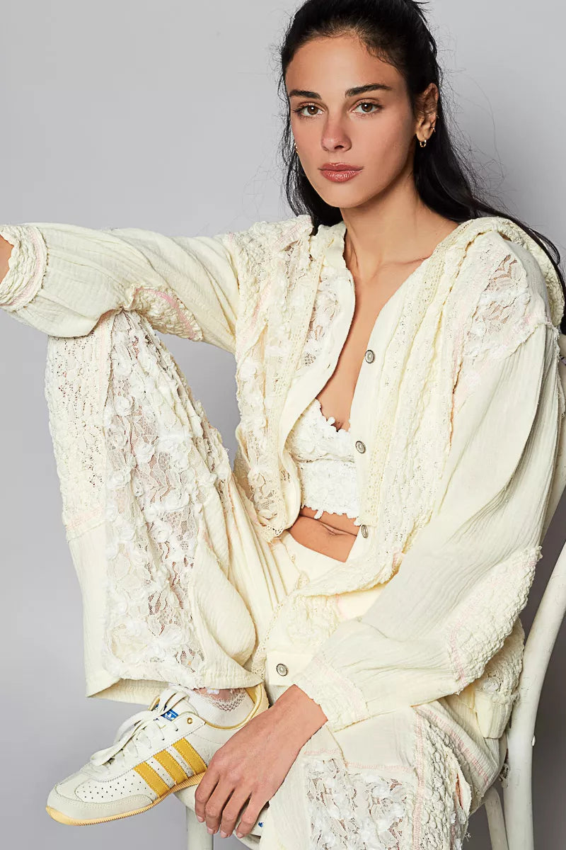 POL Exposed Seam Button Down Hooded Jacket with Lace Detail