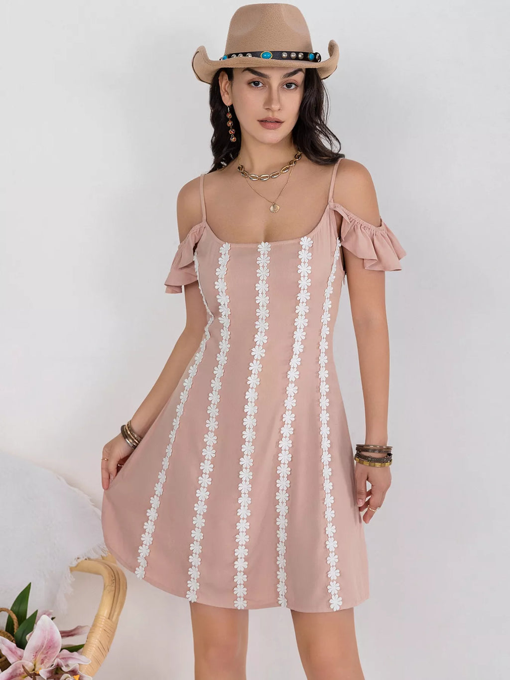 Floral Lace Trim Cold Shoulder A-Line Dress